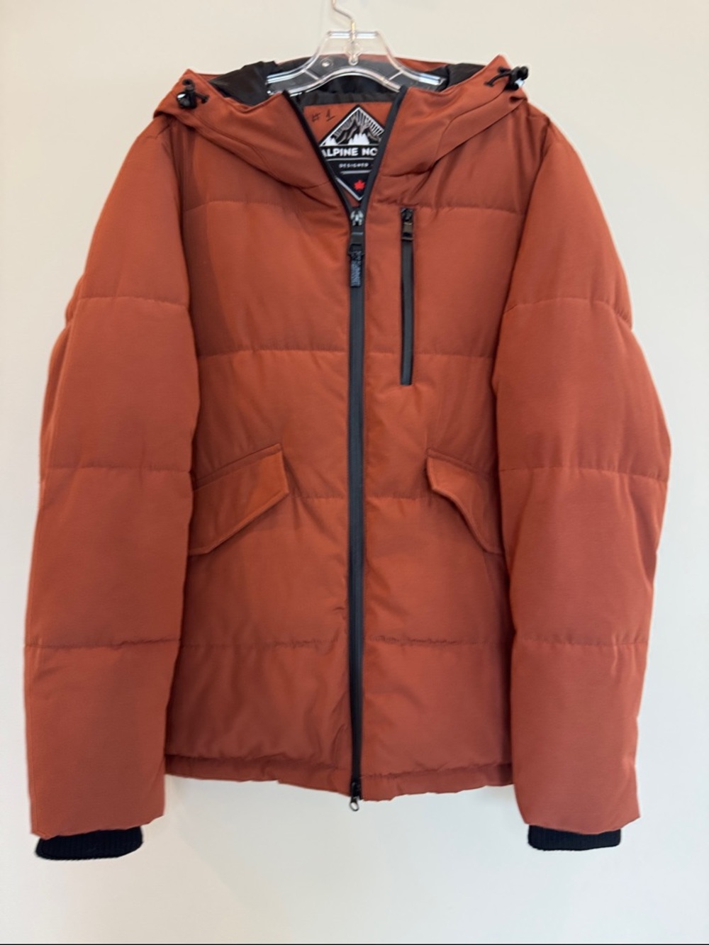 Alpine North Men’s Rust Orange Hooded Puffer Coat, Small